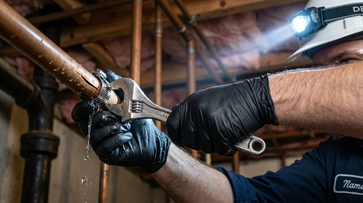Emergency pipe clamp repair being performed by a Johns Plumbing LLC plumber in Vinton