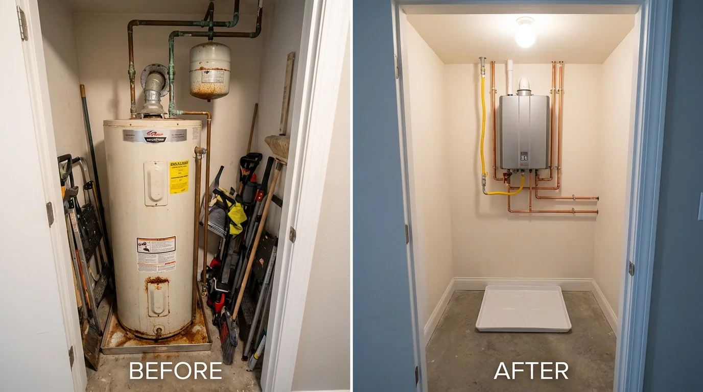 Tank water heater versus wall-mounted tankless unit comparison for Vinton, VA homeowners