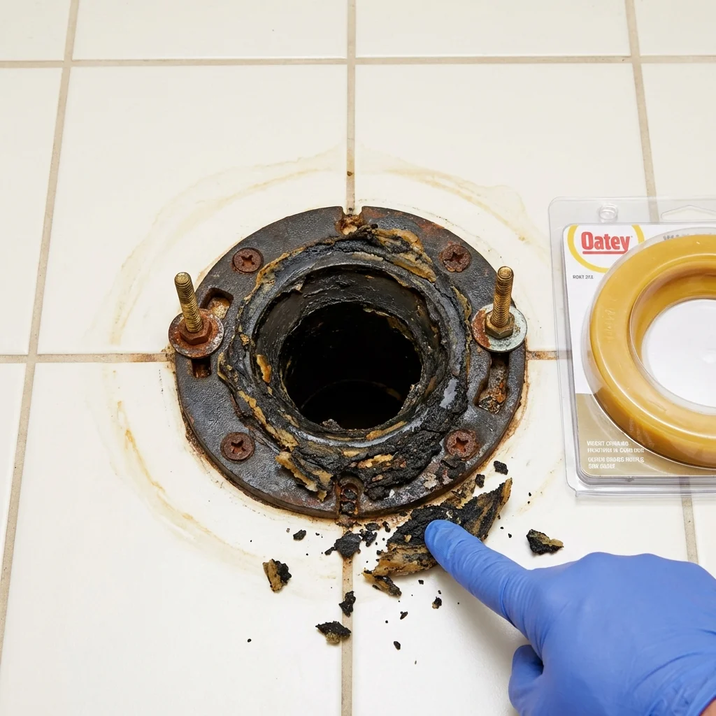 Failed wax ring showing water seepage at the base of a toilet in a Vinton, VA home