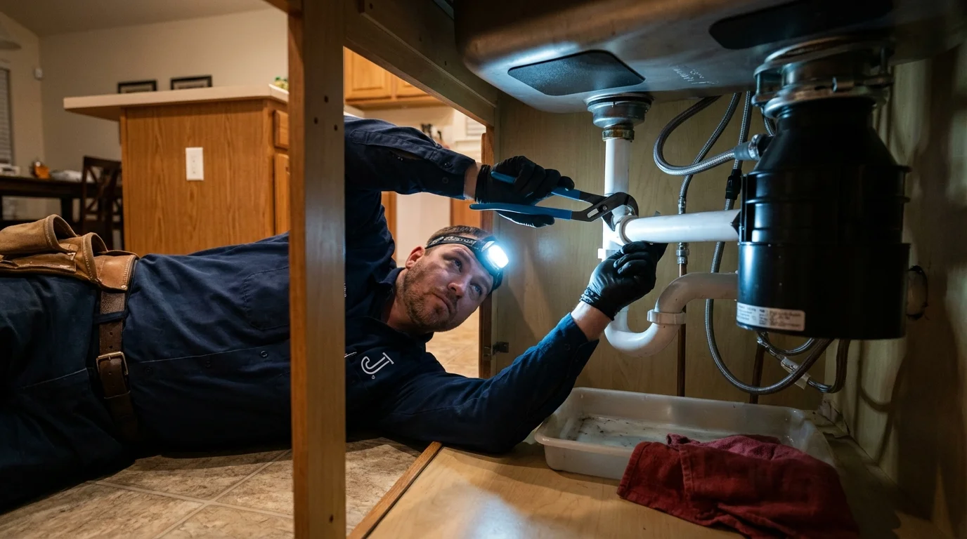 P-trap and supply line connections under a kitchen sink showing a common leak point in Vinton, VA